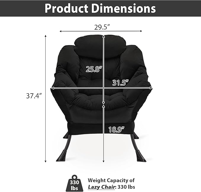 Youtanic Lazy Chair Thick Padded, Comfy Velvet Accent Lounge Chair with Stable Frame, Leisure Sofa Armchair with Armrests and Side Pocket, Reading Chair for Bedroom, Living Room, Office, Black