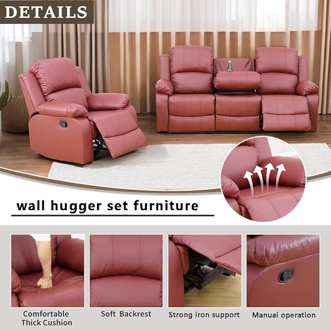 A Ainehome Living Room Furniture Set Leather Recliner Sofa Set Loveseat Chair Furniture Sofa Set for Living Room/Small Space/Rv/House/Office/Theater Seating (A-Red Leather, Sofa+Chairs)