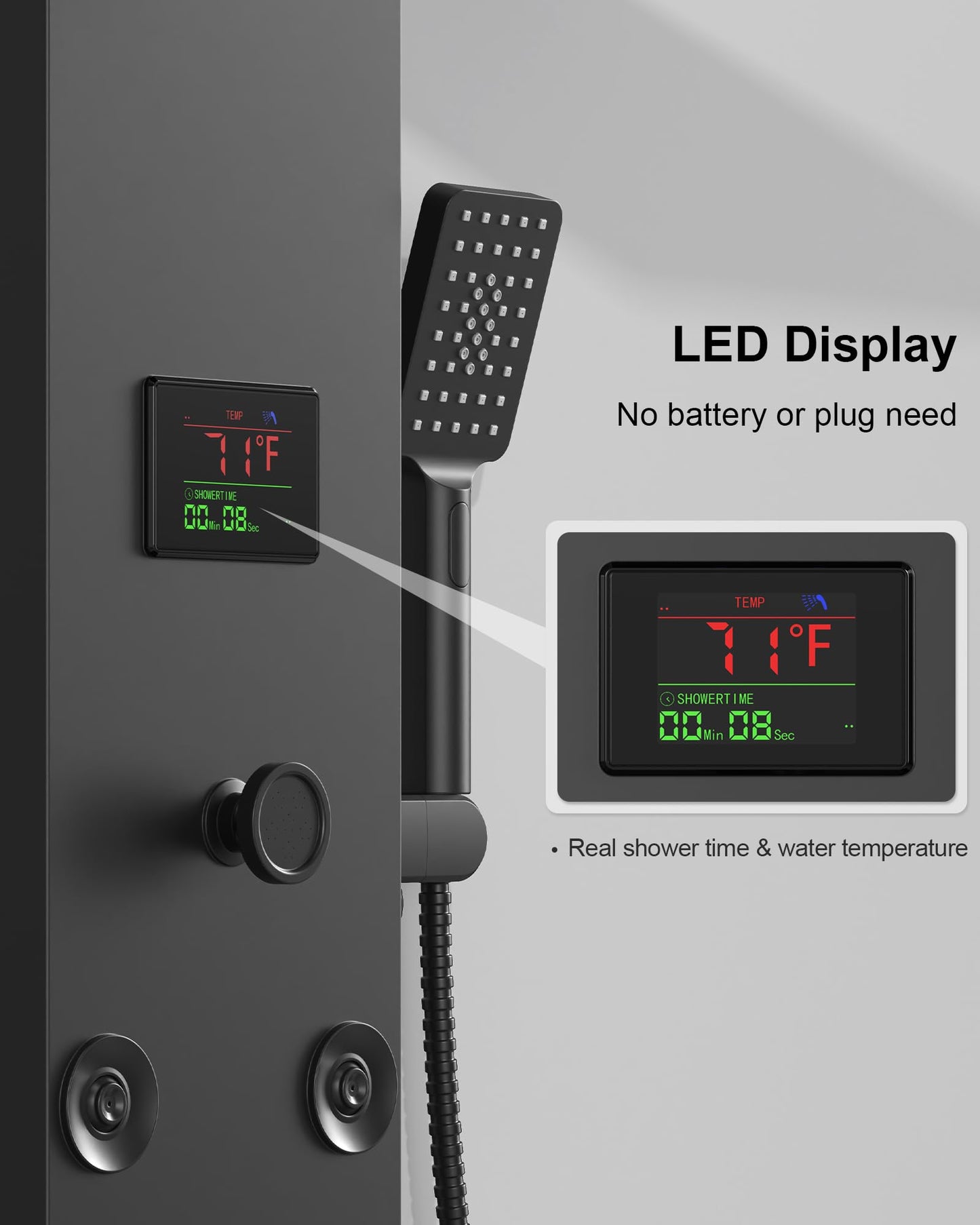 5 In 1 Shower Panel Tower System LED Rain Waterfall Shower Head and Adjustable Massage Body Jets 3 Settings Handheld Head and Tub Spout Stainless Steel Bathroom Panel Matte Black by Homevacious