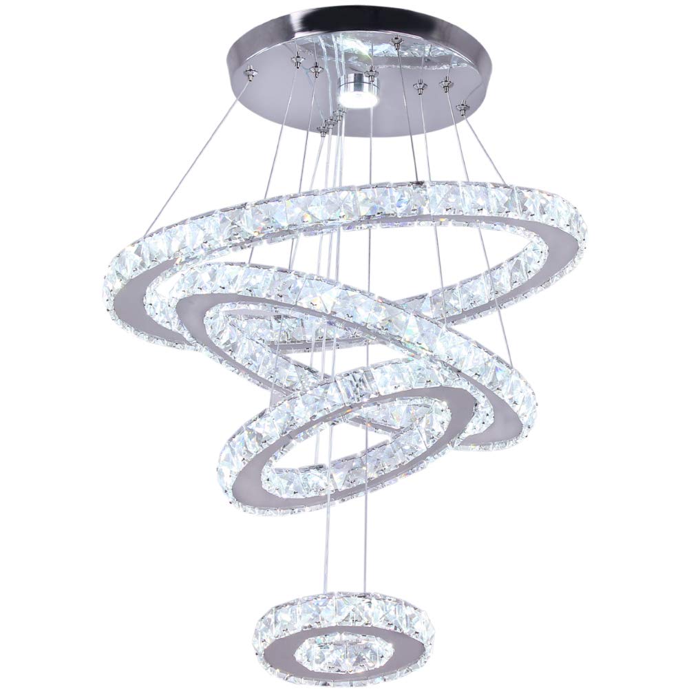 diisunbihuo Crystal Chandeliers Modern LED Rings Pendant Light Adjustable Stainless Steel Ceiling Light Fixture for Living Room Dining Room Bedroom (Cool White)