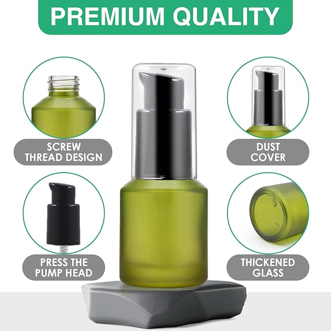 3PCS 15ML/0.5OZ Empty Green Frosted Glass Bottles with Pump Refillable Vial Cosmetic Dispenser Jars Storage Travel Lotion Container Portable Sample Bottle for Toiletries,Foundation,Cream,Gel,Lotion
