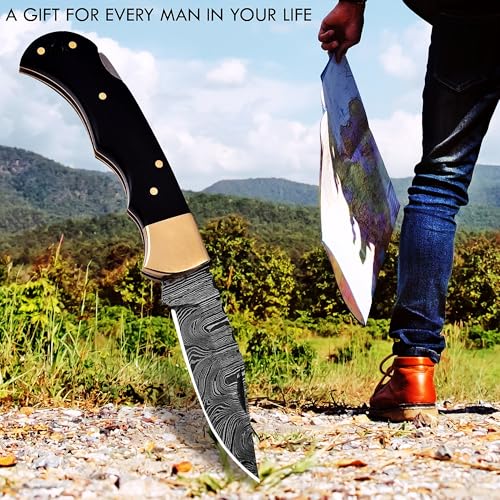 Damascus Steel Folding Knife - Premium Pocket Knife With Bone Handle Edc Small Youth Pocket KnifeTactical Serrated Camping...
