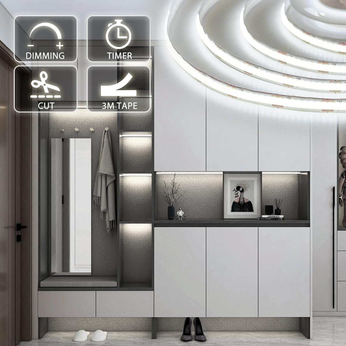 Battery Operated Light Strip, 6.56FT 640LED 6000K Cool White USB COB LED Strip Flexible Cuttable Dimmable Timer LED Light with Remote Control for Kitchen, Closet, DIY Backlight, Camping Gear (2 Pack)