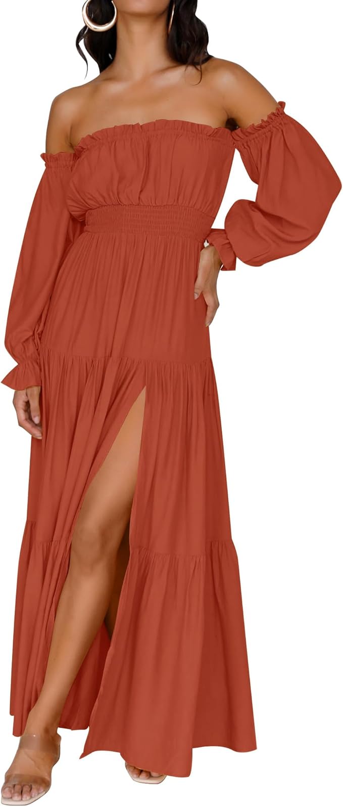 ZESICA Women's 2026 Boho Sexy Off Shoulder Long Sleeve Smocked High Waist Side Split Flowy A Line Tiered Long Maxi Dress