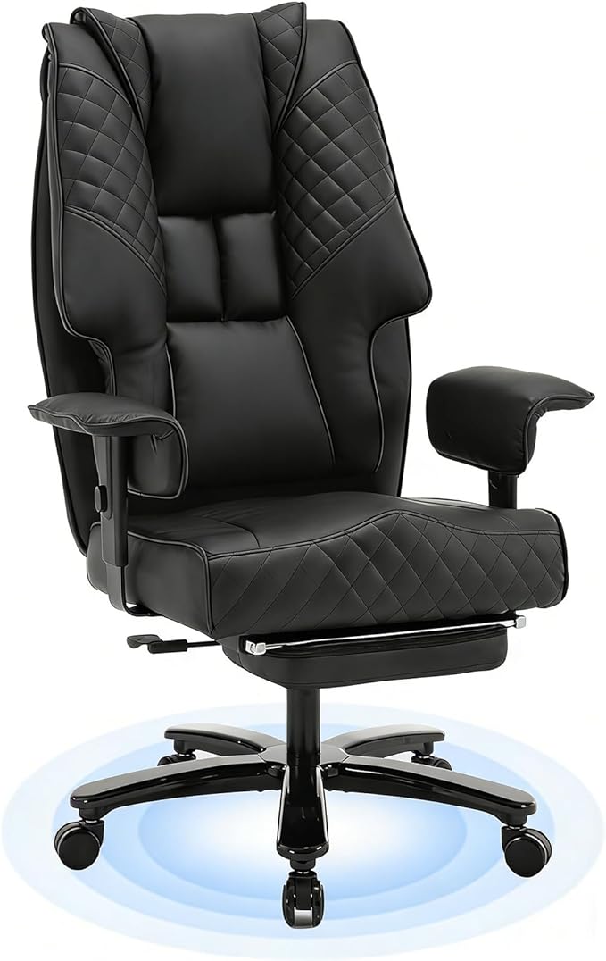 500lb Big and Tall Office Chair, Reclining Office Chairs with Footrest, High Back Leather Executive Computer Chair with Wheels Recliner Home Desk Chairs with Lumbar Support for Heavy People,Black