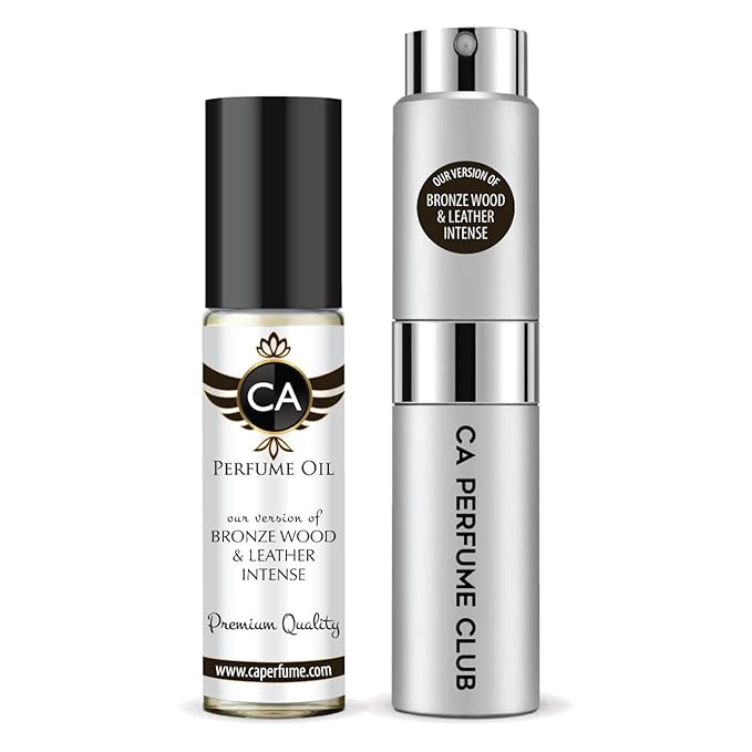 CA Perfume Duo Impression of Bronze Wood & Leather Intense For Women And Men Perfume Layering Set Long Lasting Travel Size EDP + Body Oil Roll-On Bottle 0.27 Fl Oz+0.33 Fl Oz