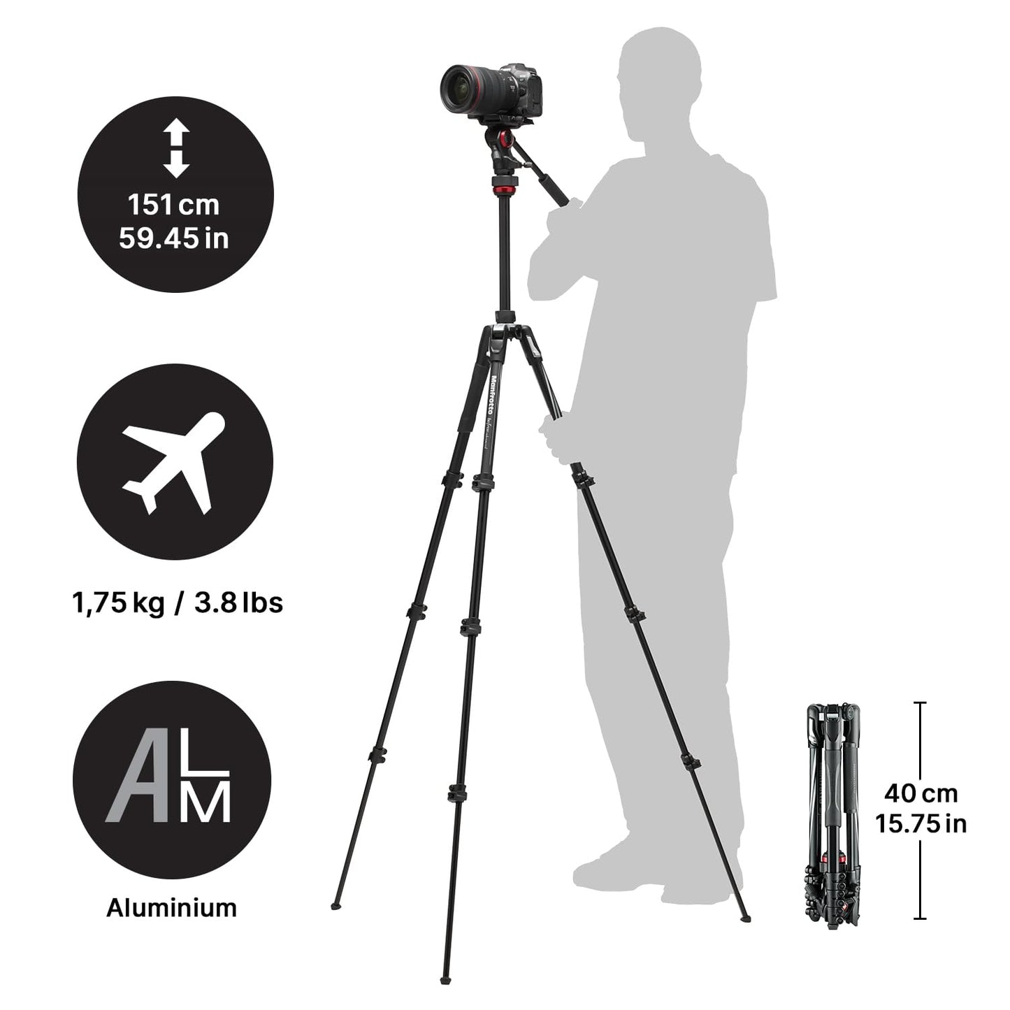 Manfrotto Befree Live, Travel Video Tripod with Video Camera Head and Lever Closure, Aluminum Tripod for DSLR, Mirrorless, Reflex Cameras and Video Cameras, Camera and Video Accessories