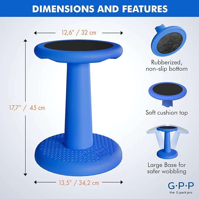 G-PACK PRO -Dynamic-, Kid Wobble Stool Pair, Wiggle Chair Flexible Seating for Preschool & Elementary Classroom, Improves Focus, Posture & ADHD/ADD-Blue 17.7 Hight' Stools Pack of 2