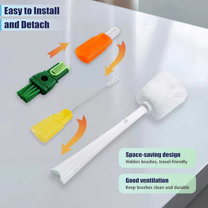Five-in-one Bottle Brush Set (1Pc Green), Long Handle Bottle Cleaning Brush Straw Brush Nipple Brush Hard-Corner Brush for Sports Water Bottles Caps Mugs Glasswares Tumblers Wine Decanters
