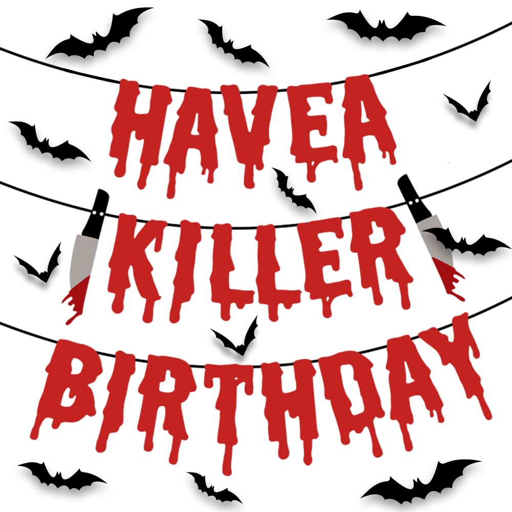 Quimoy Have a Killer Birthday Decorations, Halloween Banner Decorations, with 12 Pcs Bat Wall Sticker Décor Party,Kid Party,Haunted House Decor