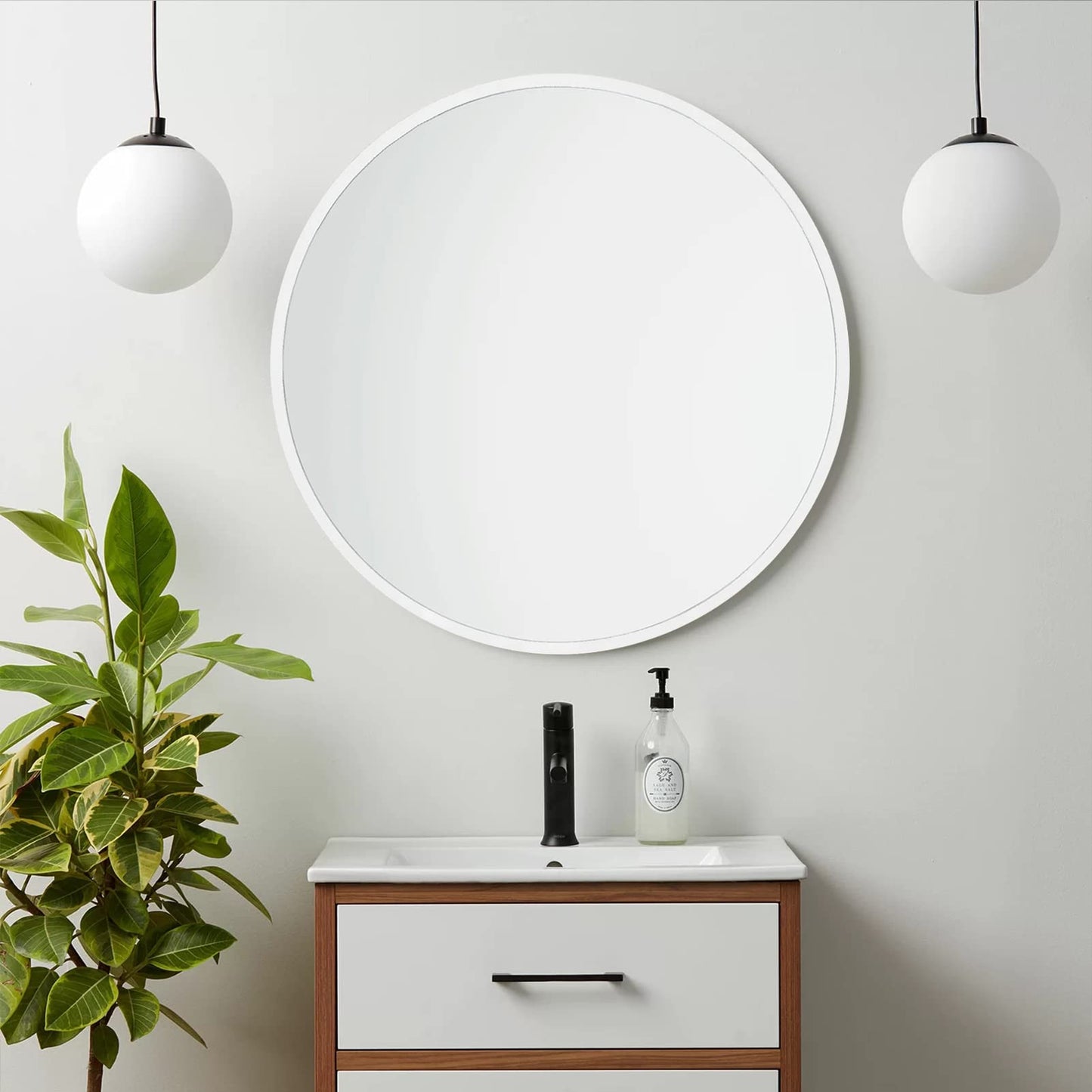IPOUF 24”Round Mirror, White Large Circle Metal Frame Wall Mirror for Bathroom, Entryway, Living Room,Vanity