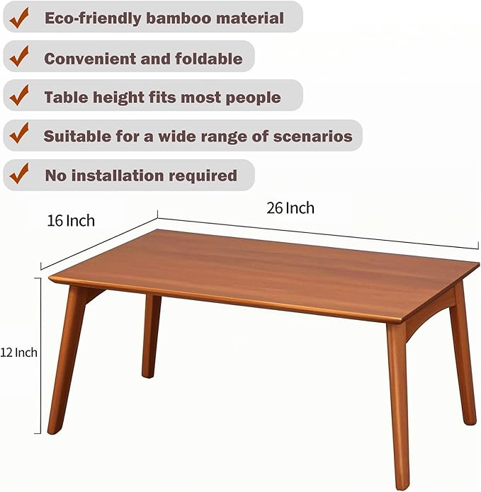 Kuabner Wooden Folding Coffee Table No Assembly Low Collapsible Japanese Floor Table Small Spaces Tatami FoldableTable for Living Room Home Office (Walnut,Compact)