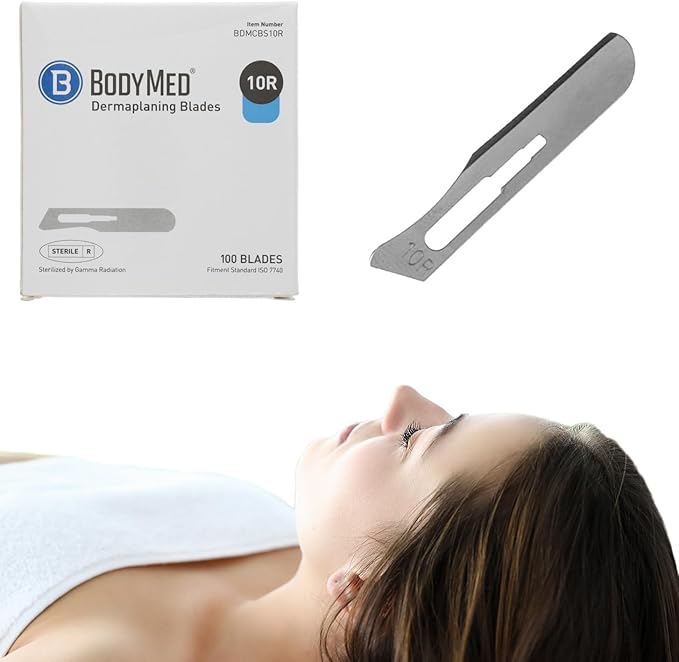BodyMed Dermaplaning Blades #10R in Carbon Steel, 100 PCS - Disposable, Individually wrapped, Sterile Scalpel Blades for Estheticians, Facial Exfoliation, Hair Removal, Skin Care, Surgical & Podiatry