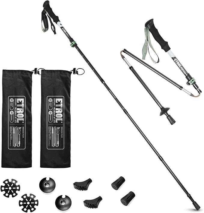 ETROL Carbon Fiber Hiking Poles - 2 PC Ultra Lightweight / 0.5LB Collapsible Hiking & Walking Sticks for Men and Women, Fo...