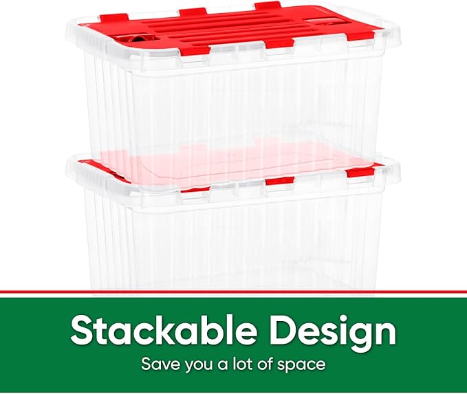 Superio Christmas Storage Box with Red Hinged Lids, Plastic Container Bins for Organizing with Attached Lid, Stackable Crates, BPA Free, Organizers for Home, Office, and Dorm, 10.5 Quart (15"x10"x7")