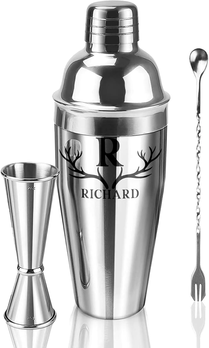 Personalized Cocktail Shaker 24oz - Custom Stainless Steel Bar Kit with Engraved Name, Built-in Strainer & Measuring Jigge...