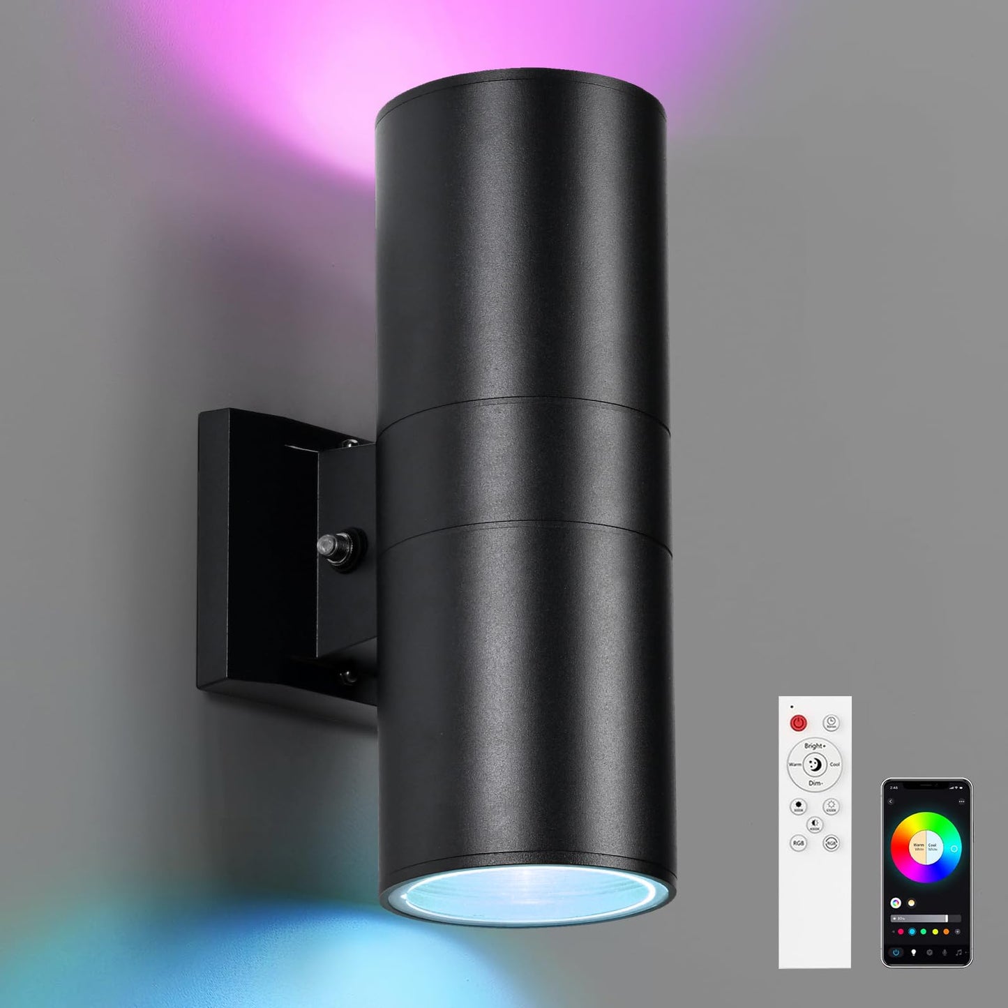 futxnziey RGBCW Outdoor Wall Light 1 Pack, Smart Porch Light Dusk to Dawn Lighting with Remote Control, WiFi Outdoor Wall Sconce, Compatible with Alexa, Exterior Lights for House Porch Garage