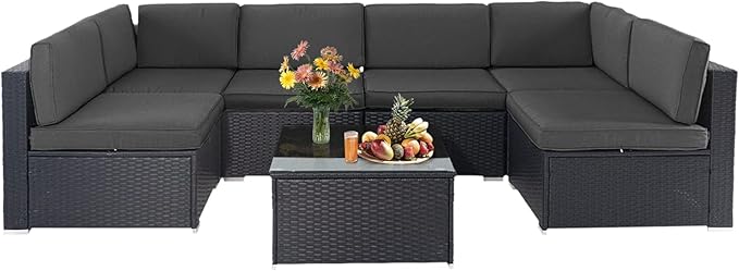 Crownland 7-Piece Outdoor Patio Furniture Sets, All-Weather Black Wicker Rattan Sectional Sofa, Modern Glass Coffee Table and Washable Seat Cushion with YKK Zipper (Grey)