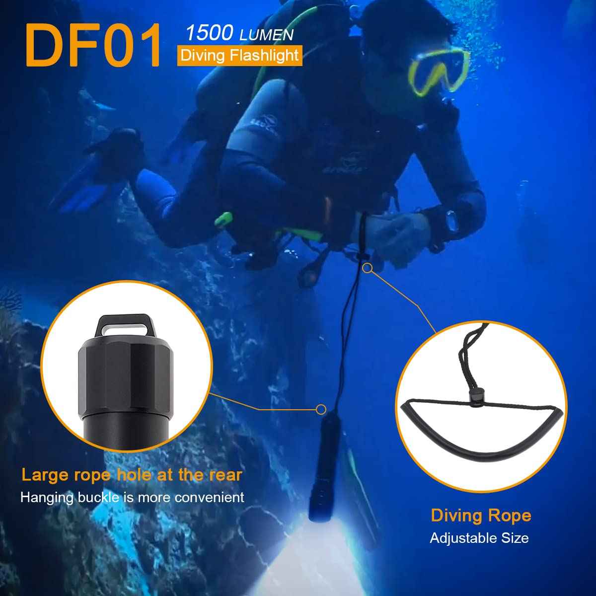 SecurityIng DF01 Scuba Diving Light, 1500 Lumens Mechanical Twist On/Off Underwater 150M Recreational Technical Diving Safety Flashlight, 9 Degrees Narrow Beam IP68 Waterproof Submarine Dive Torch