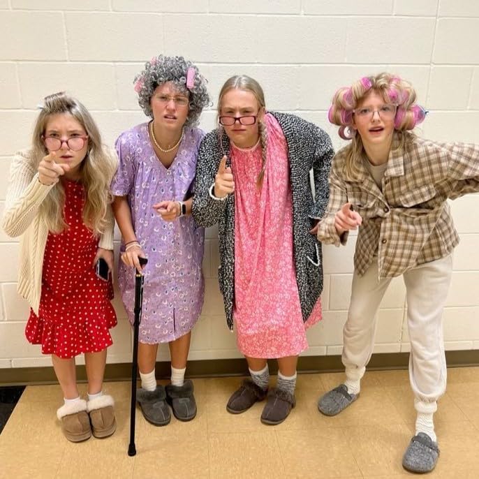 WOVOWOVO Old Lady Costume for Women,Grandma Costume Curly Grey Wig Set,Wig Caps,Madea Granny Glasses, Eyeglass Retainer Ch...
