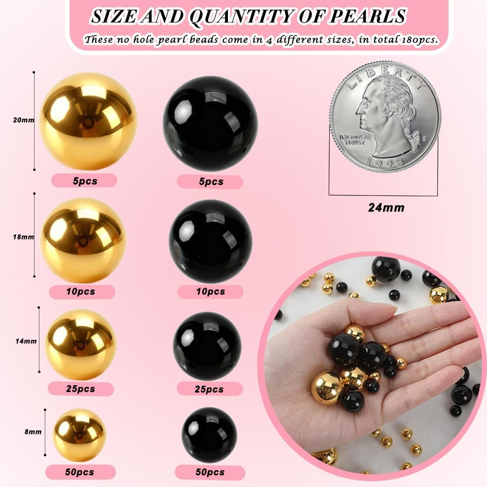 Pearl Beads No Hole Pearls for Crafting 180 Pcs Fake Pearls Faux Pearls for DIY Crafts Jewelry Making Vase Filler Floating Candle Wedding Birthday Party Home Decorations (Black & Gold, 8/10/14/20mm)