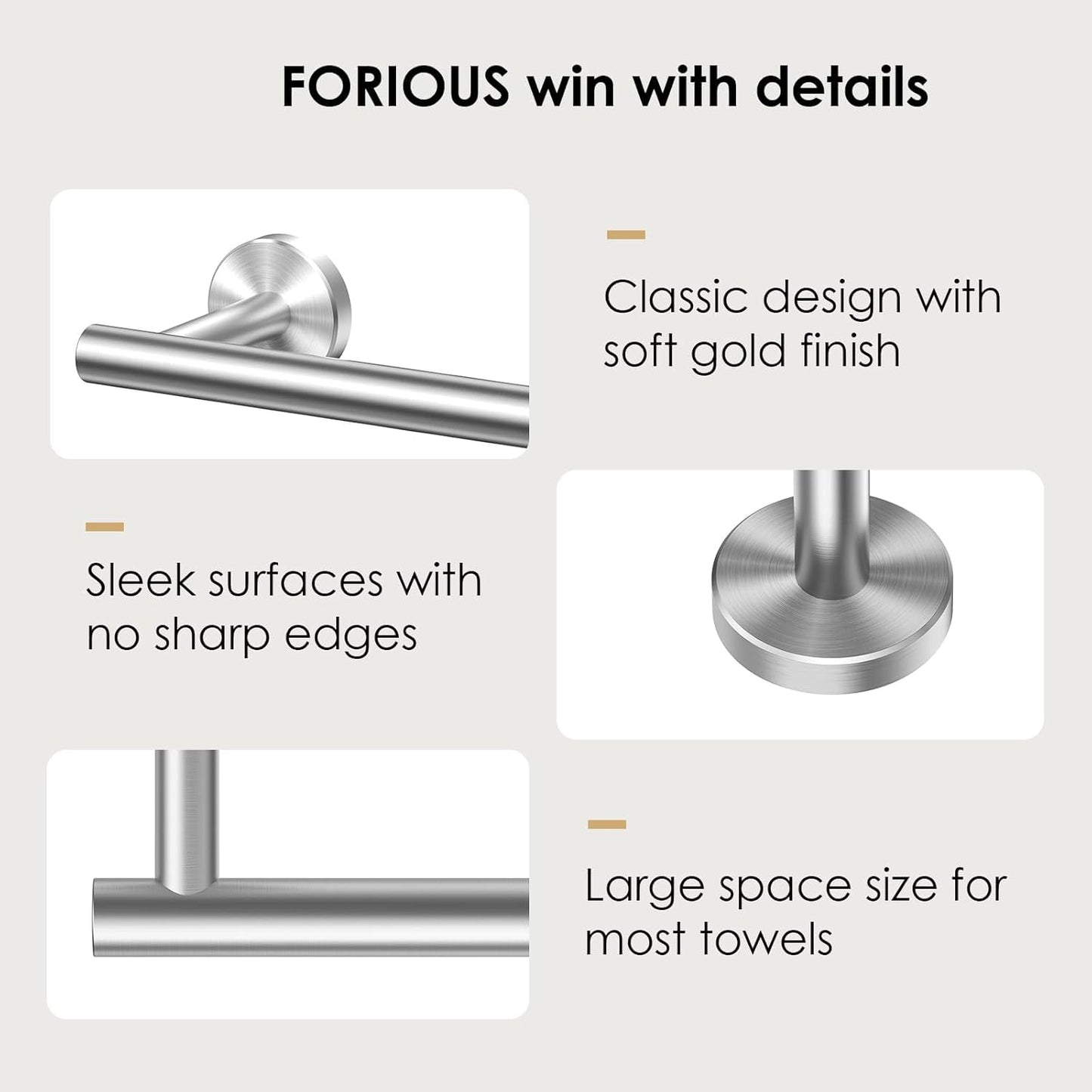 FORIOUS Towel Bar Wall Mounted, Stainless Steel Towel Racks for Bathroom, Includes Wall Mounting Hardware (Stainless Steel, 23 Inch)