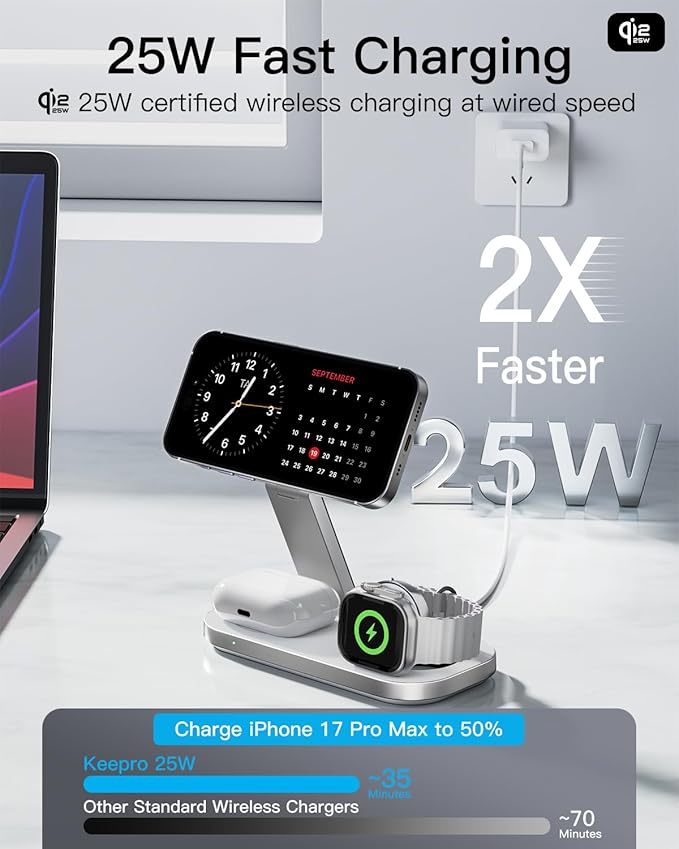 3-in-1 Charging Station for Apple Device, Qi2 25W Magnetic Wireless Foldable Fast Charger Stand Compatible with MagSafe for iPhone Air/17/16/15/14/13/12 Series, Apple Watch & AirPods