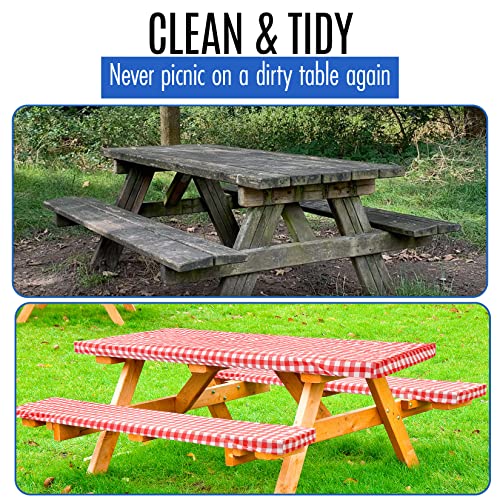 LINPRO Premium Picnic Table Cover with Bench Covers Vinyl Fitted Picnic Table Covers with Elastic RV Camping Accessories a...