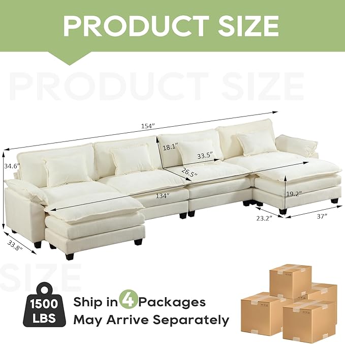 Oprisen 154" Modular Sectional Sofa, Comfy Cloud Couch Sectional Sofa with Ottoman, Chenille Sofa Sleeper Deep Seat Sofa with Throw Pillows for Living Room (Beige White, 154"- U Shape)