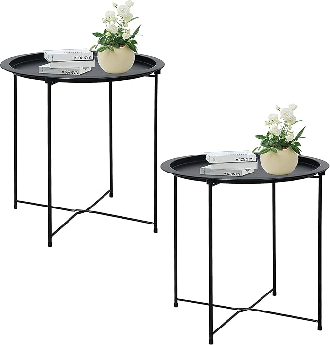 Garden 4 you End Table 2 PCS Metal Side Table Black Round Folding Tray Cyan Sofa Small Accent Fold-able Table, Round End T...