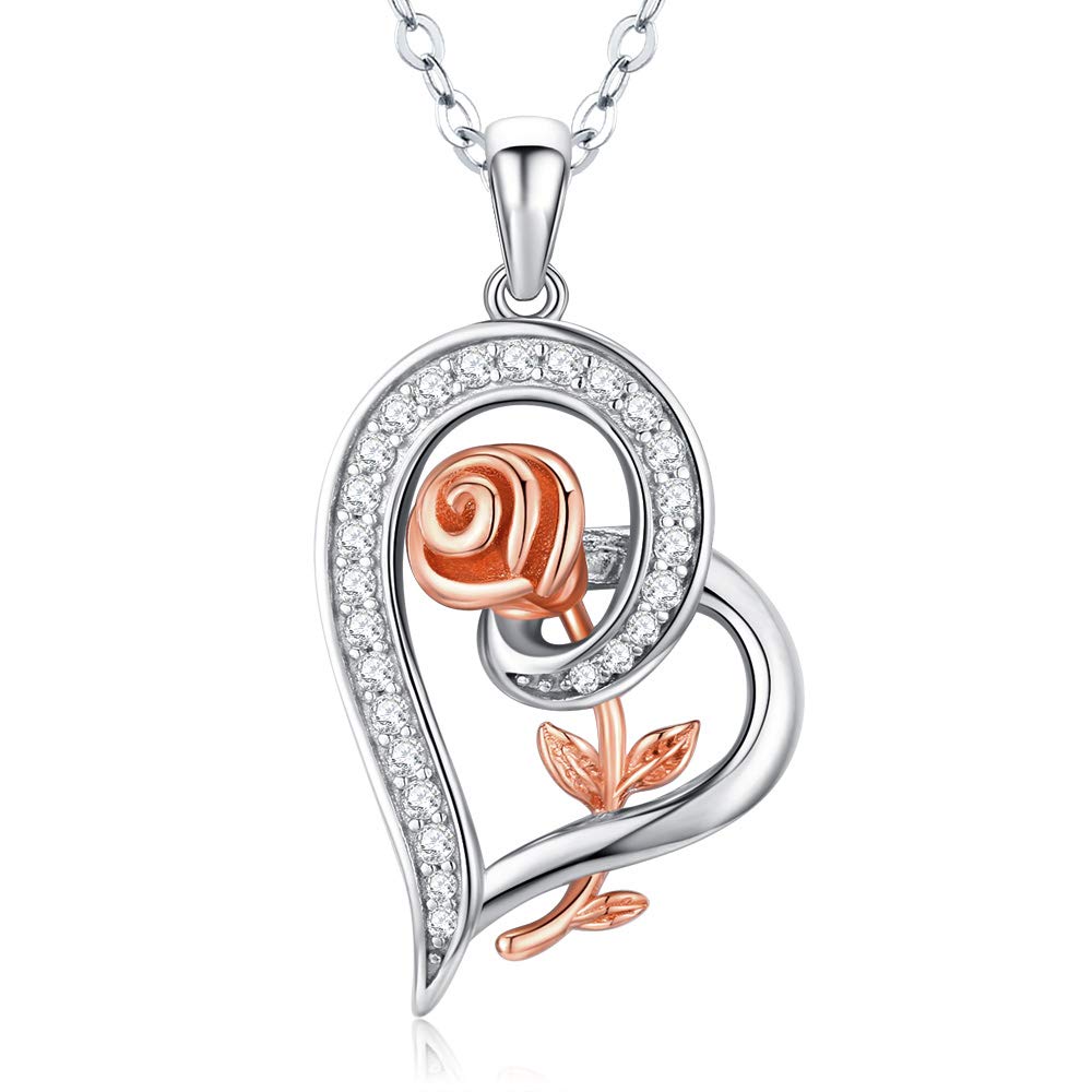 Gifts for Wife from Husband, Silver Heart Rose Necklaces for Women, Birthday Mothers Day Christmas Jewelry Presents for Girlfrie