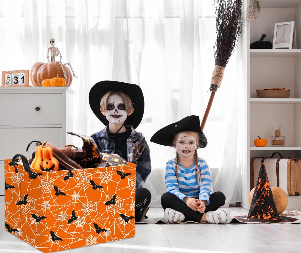 HIYAGON Rectangular Halloween Basket for Boys and Girls Kids Trick or Treat Pumpkin Basket for Halloween Parties Cute Storage Bin Organizer Box Room Decor(Bat spider web)