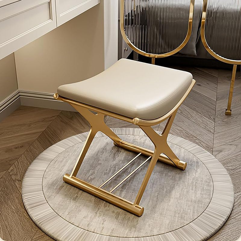 CHSSIH Vanity Stool Chair for Makeup - Small Backless Leather Stool for Vanity - Modern Ottoman Bench Seat with Metal X Legs, Footstool for Bathroom & Living Room - Gold