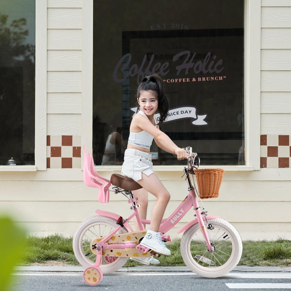 RULLY Lemon Kids Bike 12 Inch Bicycle for Girls Ages 2 3 4 Years, Training Wheels Included, Girl Bikes with Basket & Doll Seat,Pink