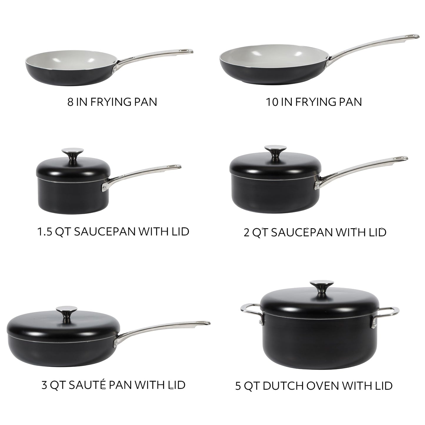 Sur La Table Kitchen Essentials Potluck Porch 10 Piece PFA Free Ceramic Non stick Interior Forged Aluminum Cookware Pots and Pans Set W/Aluminum Lids - Black - Induction Compatible
