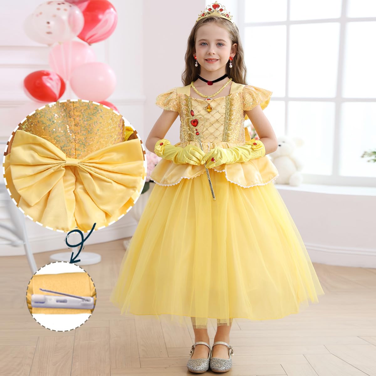 Luzlen Belle Costume for Girls Yellow Princess Dress up Halloween Birthday Party Cosplay Outfits with Accessories Yellow, 4-5T(Tag 120)