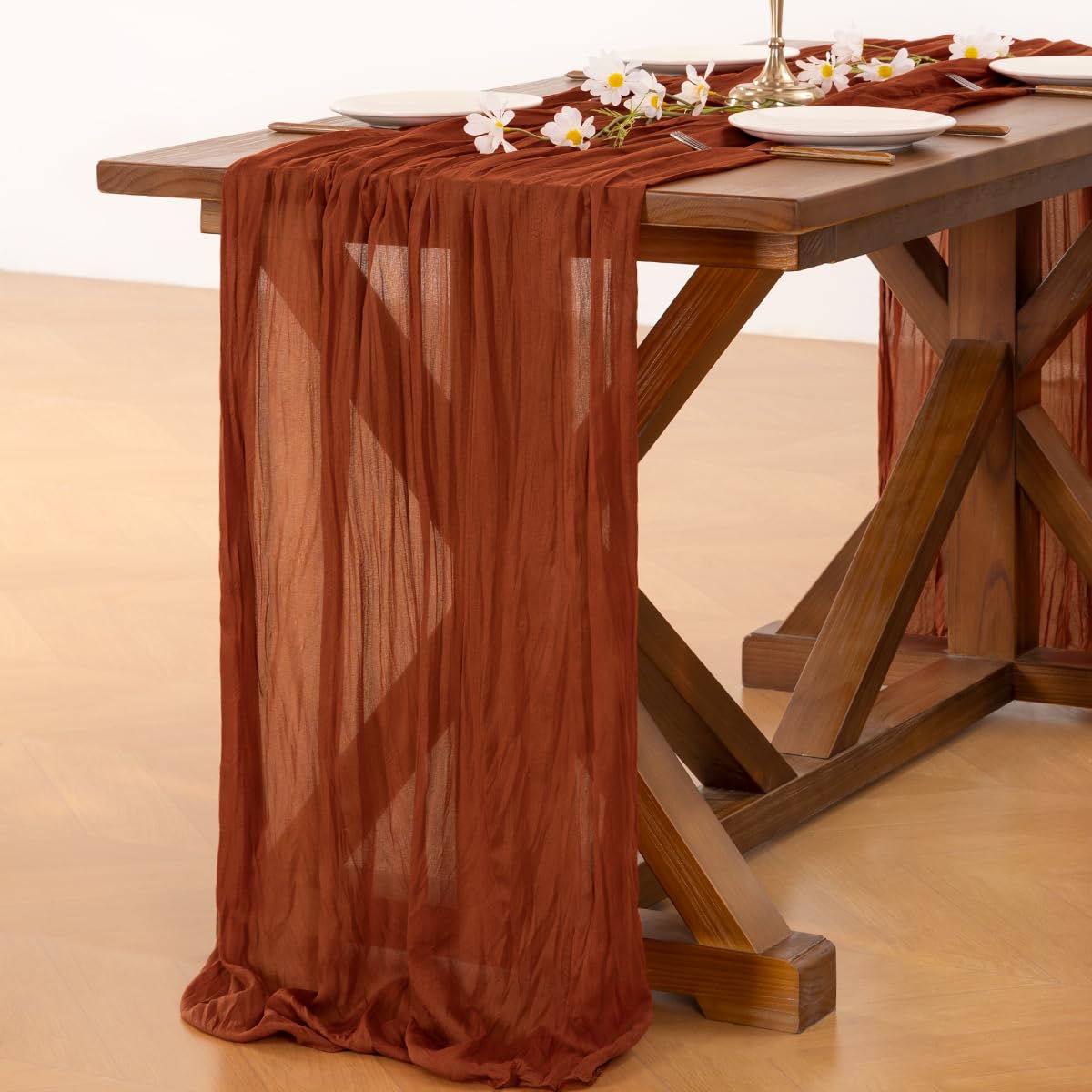 Socomi Thanksgiving Fall Table Runner Terracotta Cheesecloth Gauze Burnt Orange Boho Rustic Farmhouse 120 inch 10FT Cheese Cloth Runner for Wedding Party Baby Shower Home Decor Holiday Decorations