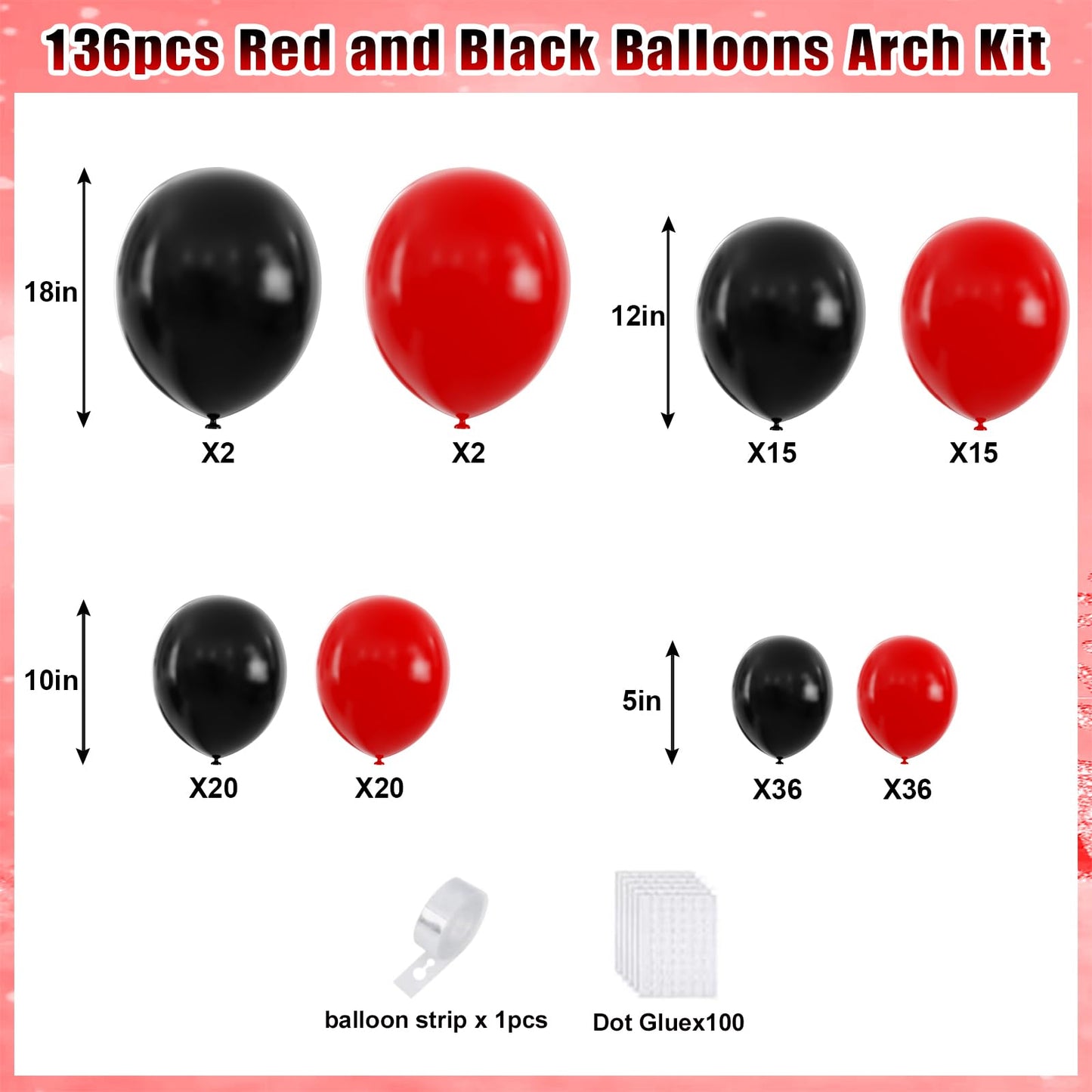 YMSZ Red and Black Balloons, Black and Red Balloons Garland Arch Kit with Different Size for Birthday, New Years, BBQ Casino, Graduation and Anniversary Decorations Supplies