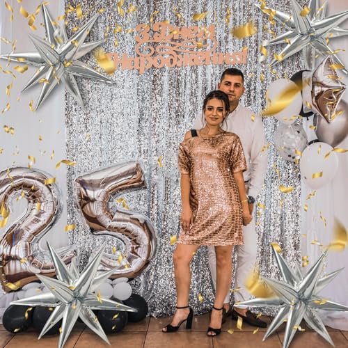 60Pcs Silver Star Balloons Birthday Decorations Explosion Mylar Balloons 12 Spike Balloon Large Foil Prom Balloon for Wedd...
