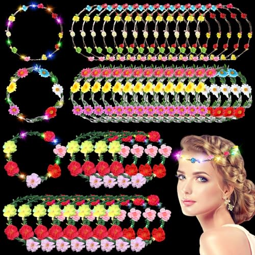 Retrowavy 100 Pcs Light up Flower Crown LED Floral Crowns Headband Garland LED Tiara Luminous Glowing Flower Hair Headpiec...
