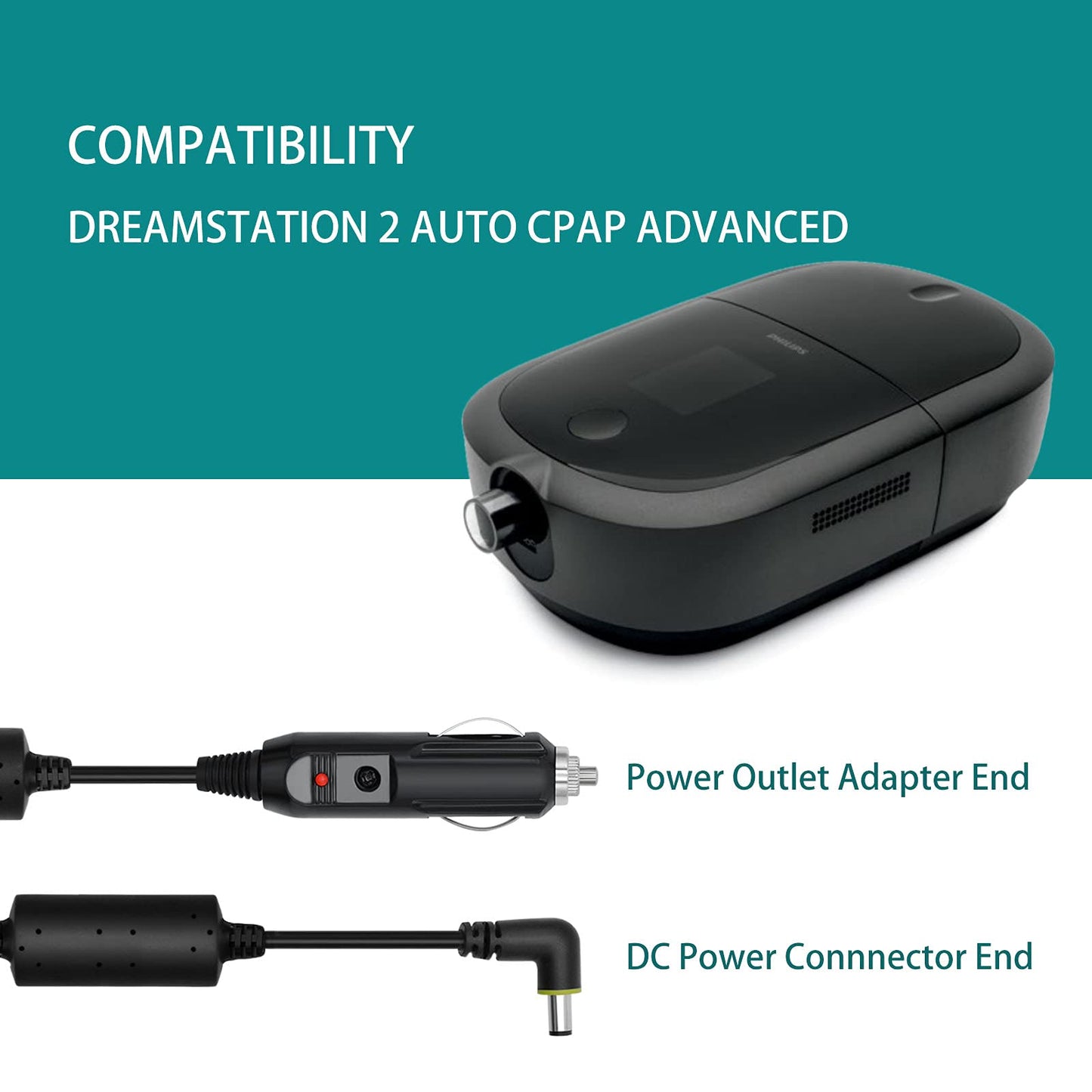 DC 12V Power Adapter for Dreamstation 2 Respironics, Shielded Adapter for DreamStation CPAP Power Supply with Car Cigarette Lighter 6.89ft