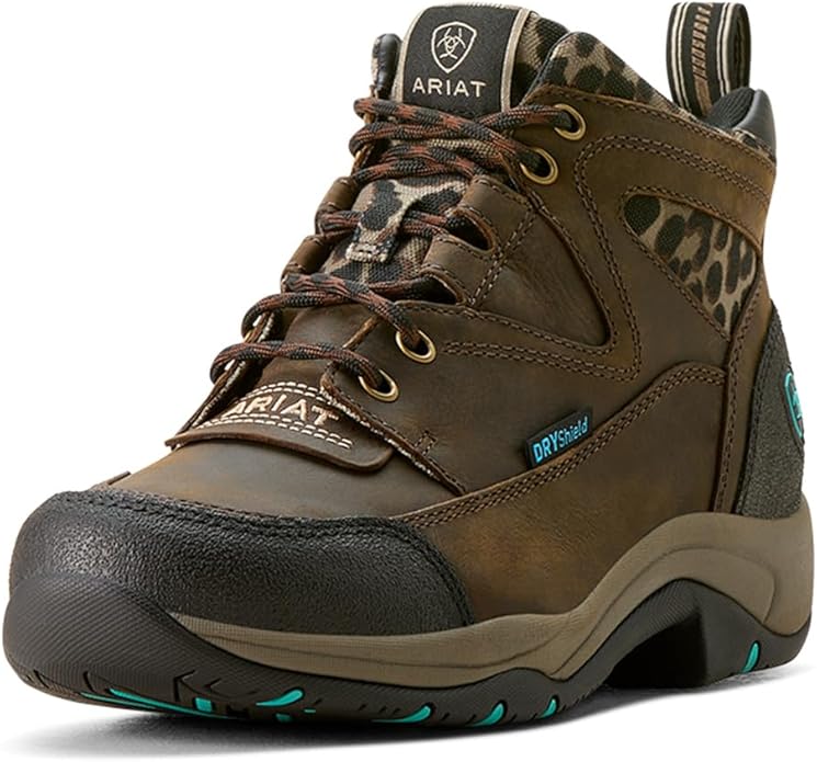 Ariat Women's Terrain Waterproof Boot, Chocolate/Camo Leopard, 7.5 Wide