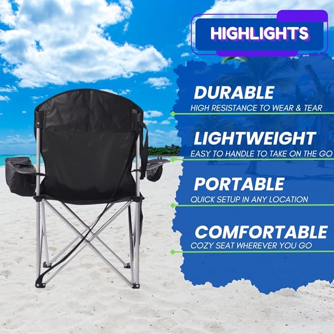 EZONE 2-Pack Camping Chairs with Built-in Ice Cooler, Portable Chair, Storage Pocket, Cup Holder, and Carry Bag Perfect for Camping, Tailgating, Fishing, Beach, and Lawn (2, Black)