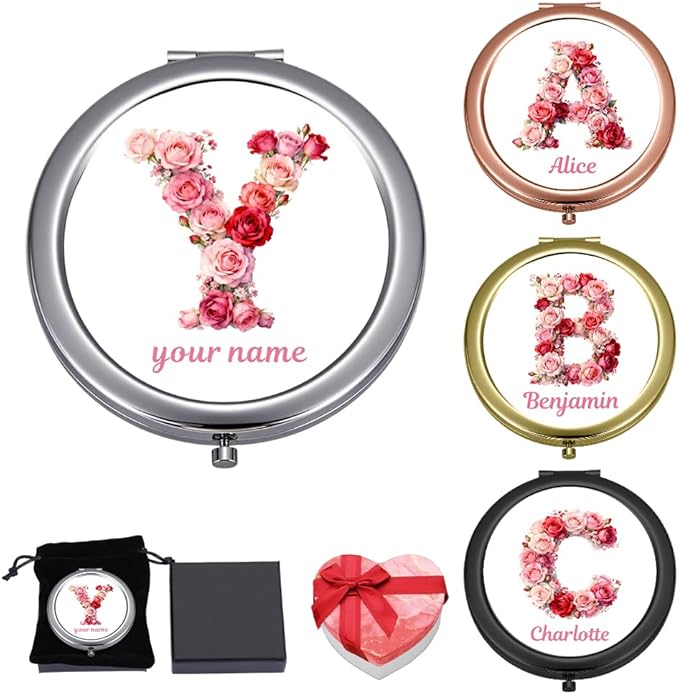 Eunigem Personalized Compact Flower Mirror for Women-Makeup Small Purse Mirror Custom Gift for Girls Women Christians (Pink Rose Color)