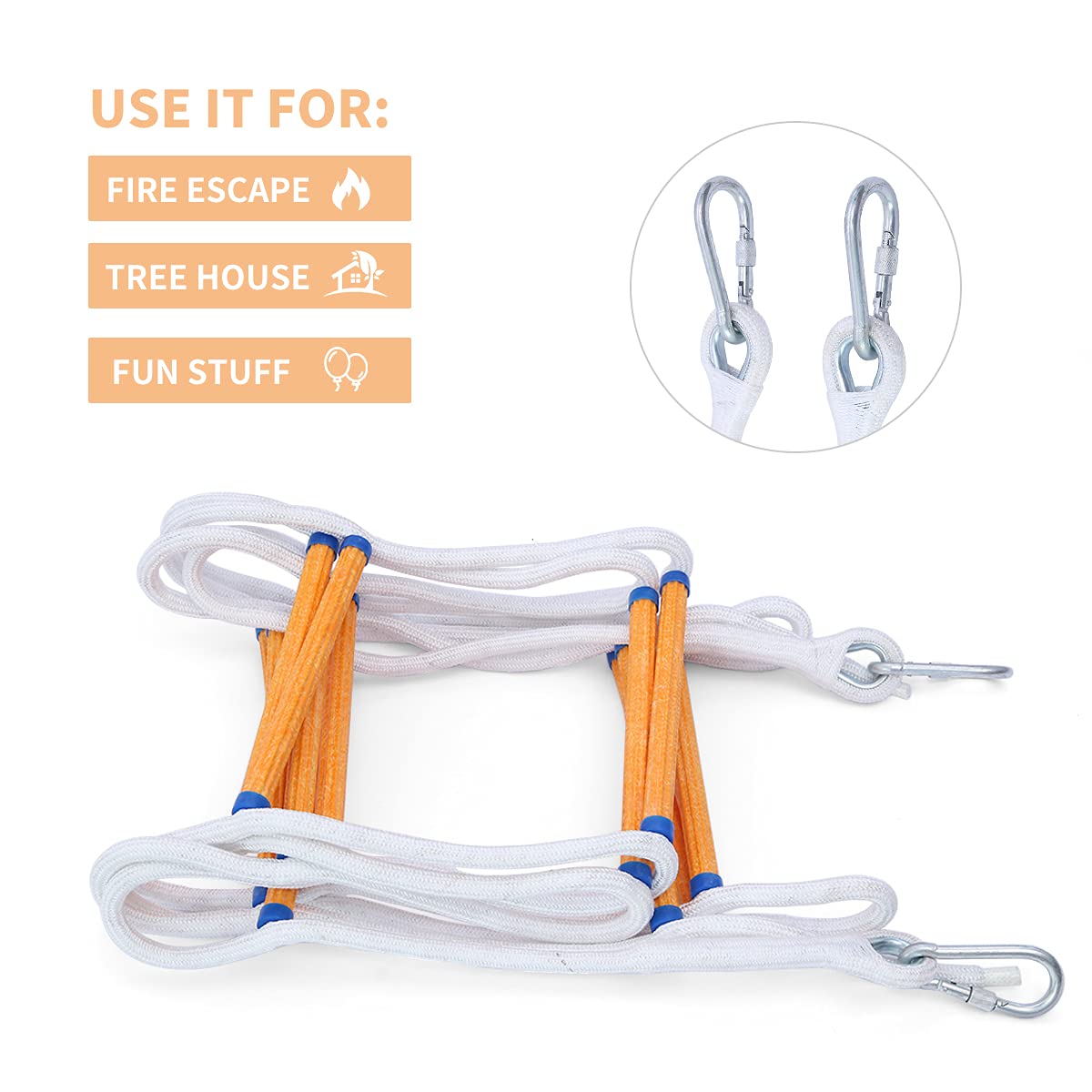 13ft Safety Balcony Emergency Fire Escape Ladder with Hooks Carabins | 2 Story for Adults and Kids |Reusable Multi-use for Treehouse|Weight Capacity up to 2000 lb
