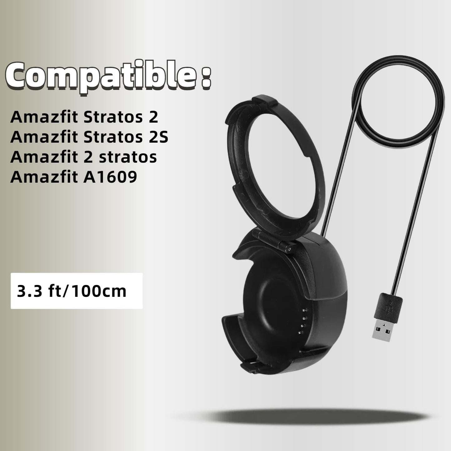 Qhbamd Charging Cable Dock Compatible For Huami Amazfit Stratos 2/2S A1609 Smart Watch, Usb Type A, 100Cm, Black