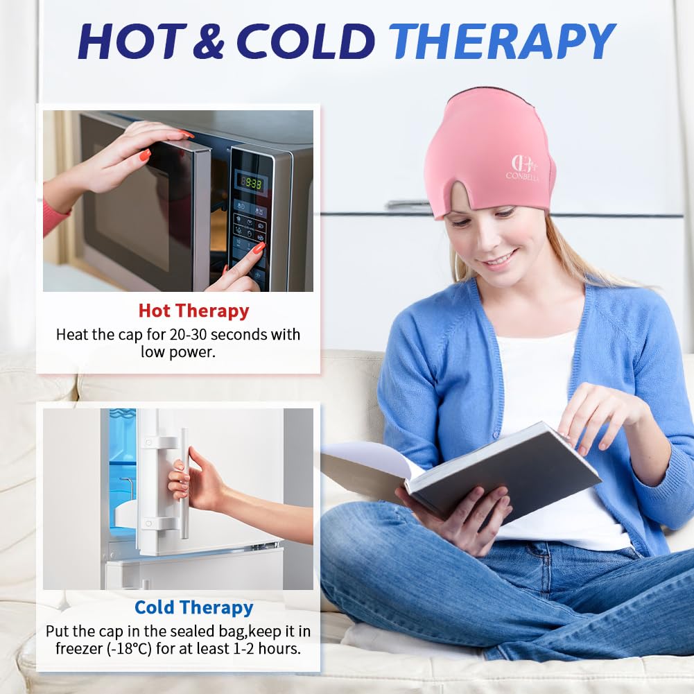 2Pcs Migraine Relief Cap, Soothing Headache Ice Face Mask Products, Hot and Cold Therapy, Migraine Headache Relief Cap for Migraine, Sinus, Puffy Eyes, Tension, Stress and Hangover (2Pink)