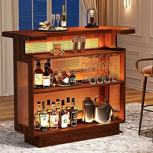 Tribesigns Rattan Home Bar Unit, Farmhouse 4-Tier Bar Table with 4 Stemware Racks and Heightened Base, Liquor Wine Bar Cab...
