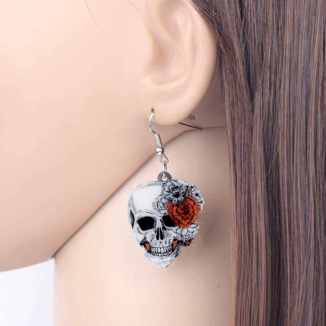 Bonsny Acrylic Drop Dangle Halloween Rose Flower Skeleton Skull Earrings Punk Jewelry For Women Gift