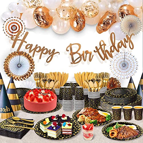 AIRE 175PCS Black and Gold Paper Plates Party Supplies for 25 Guests Disposable Party Decorations Dinnerware Golden Dot Bl...